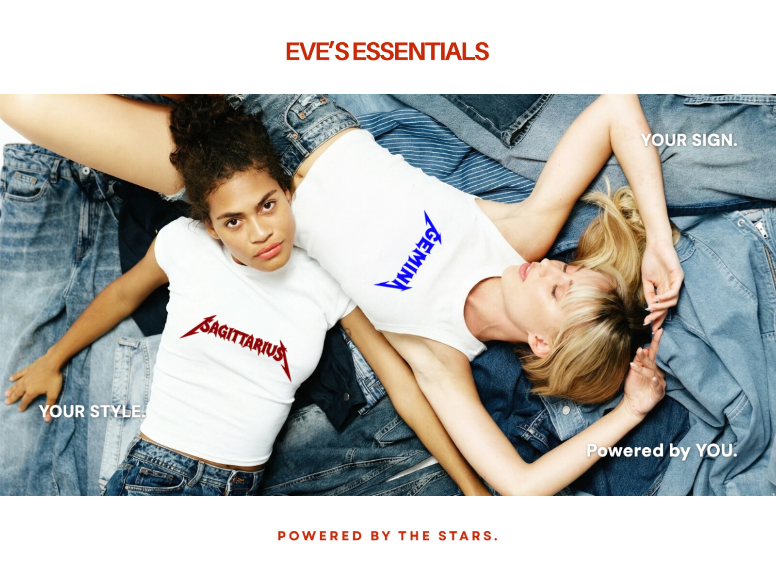 Eve's Essentials brand hero — two models in Sagittarius and Gemini graphic tees, editorial denim campaign